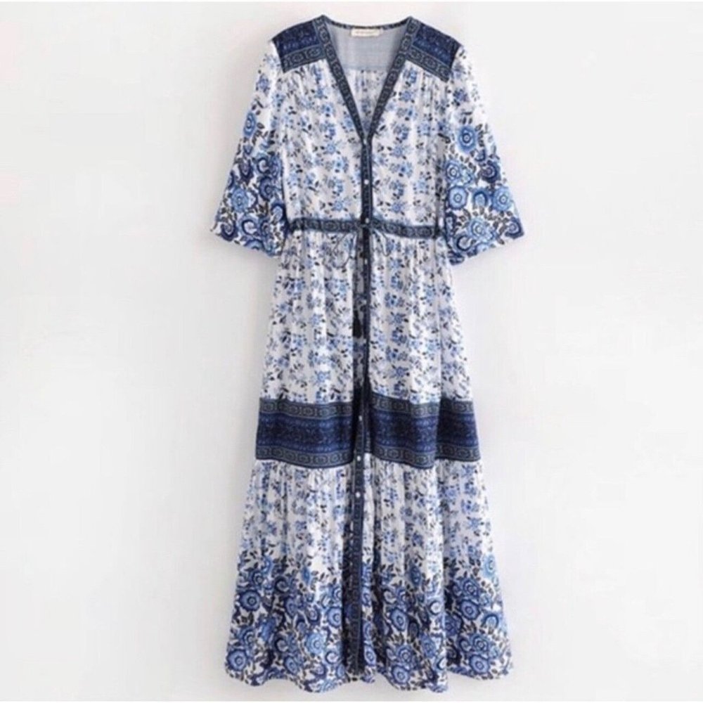 FP To Love Bohemian Gypsy Beach Summer Floral V-neck kimono Maxi Dress Sz S